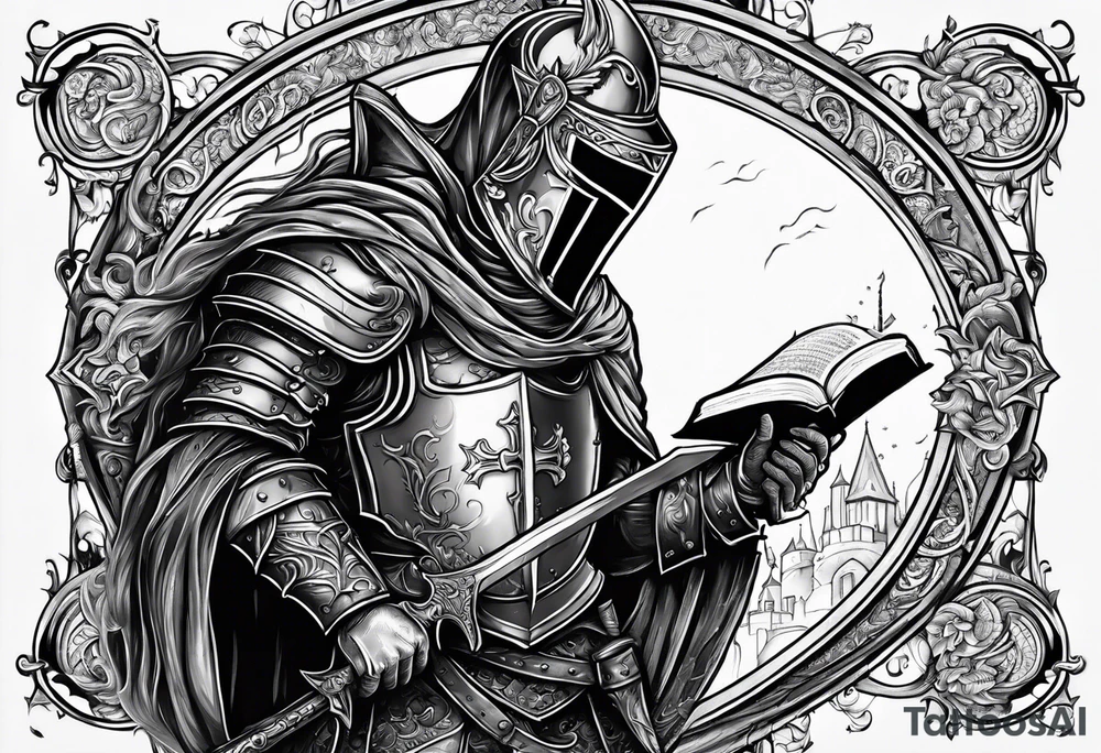 a blind man being protected by a knight holding the bible tattoo idea