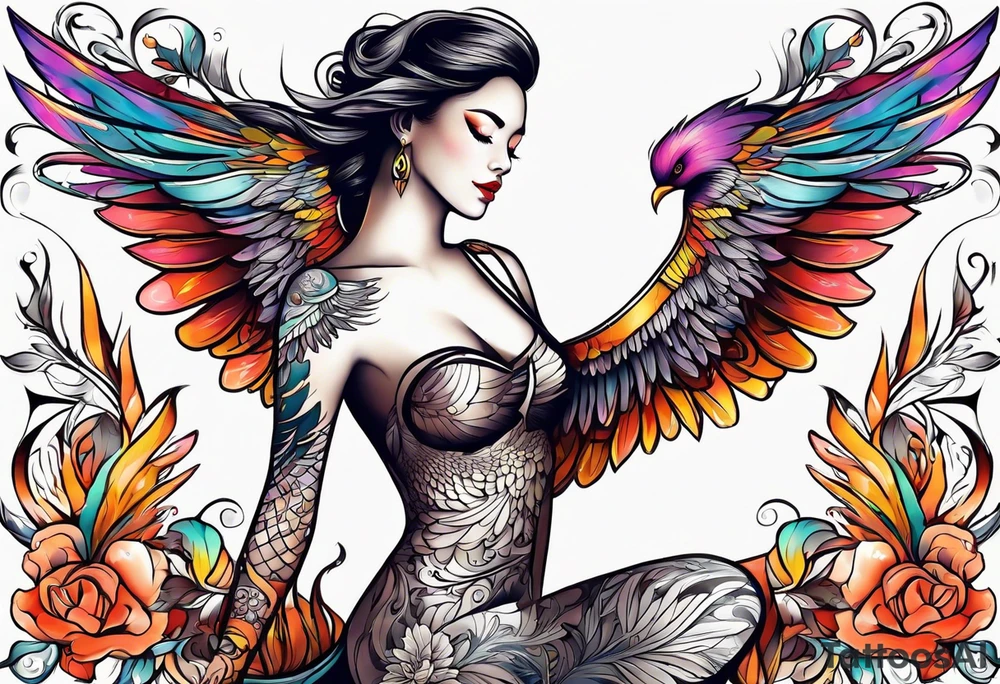 femme nu avec un tatou de phoenix tattoo idea