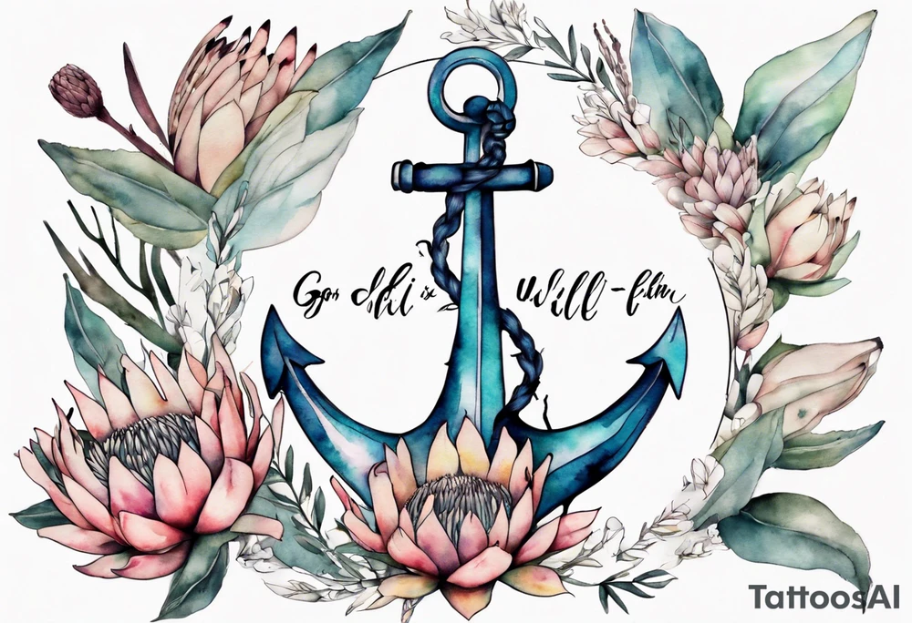 Very feminine tattoo of an anchor surrounded by 
protea flowers and the verse: God is within her, she will not fall. tattoo idea