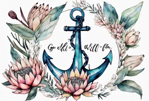 Very feminine tattoo of an anchor surrounded by 
protea flowers and the verse: God is within her, she will not fall. tattoo idea