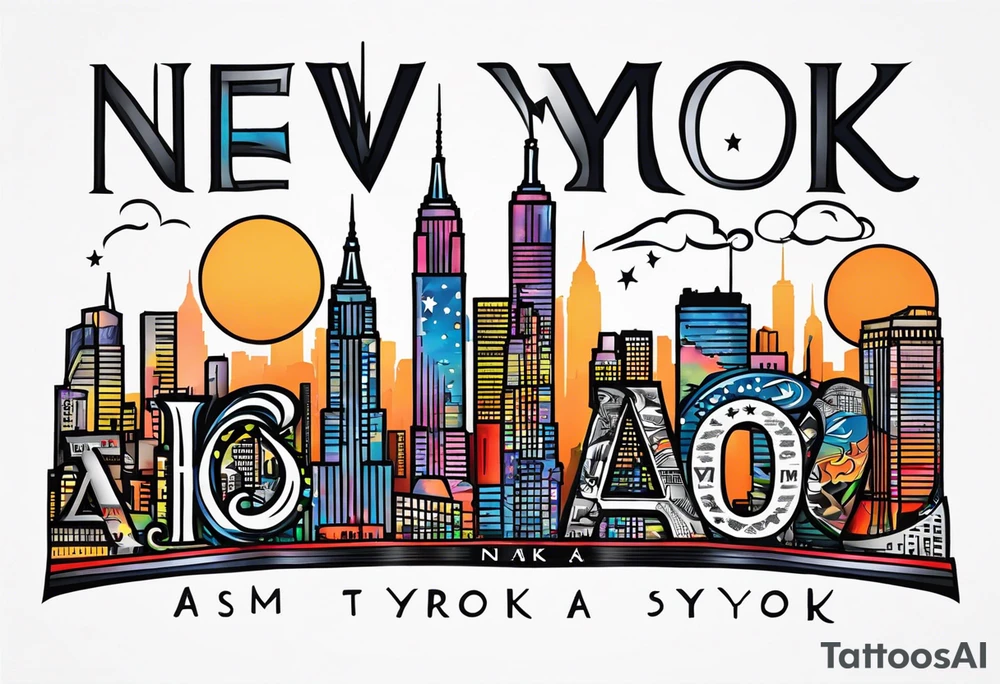 The New York skyline and the letters “A.O.” In the sky across tattoo idea