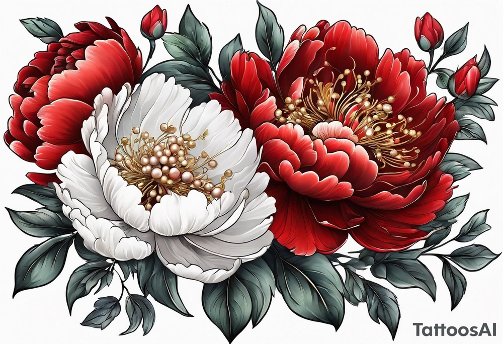 Red peony with dandling pearls and bunny tattoo idea