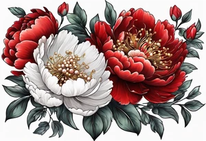 Red peony with dandling pearls and bunny tattoo idea