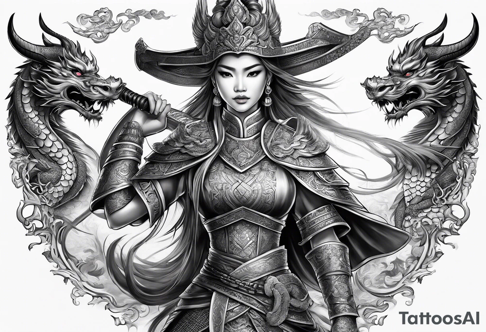 female warrior in thai clothing with twin dragons tattoo idea