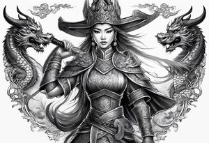 female warrior in thai clothing with twin dragons tattoo idea