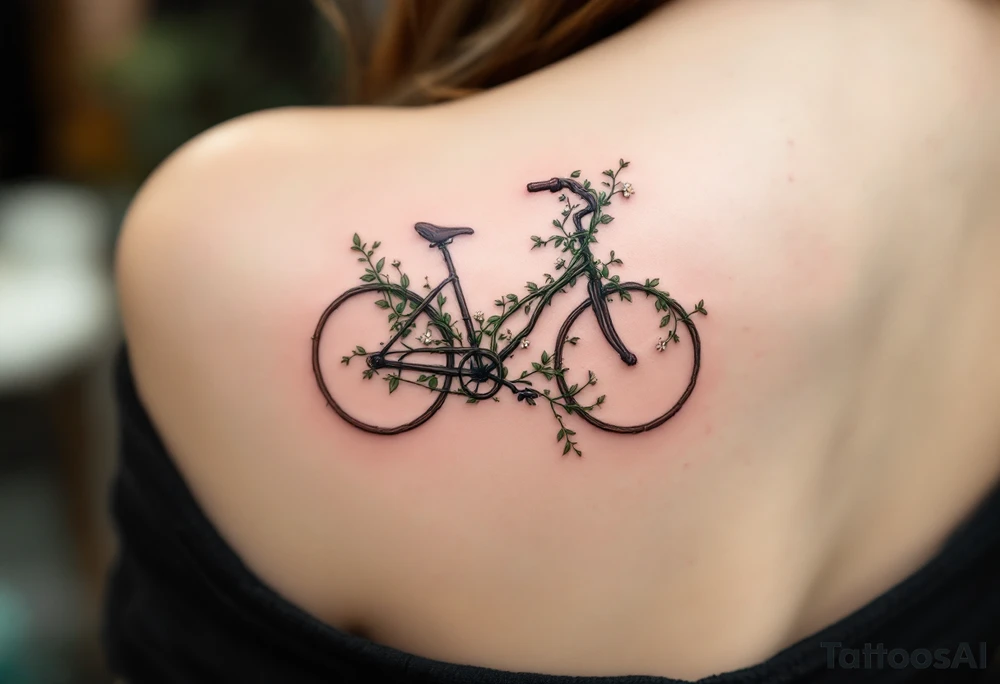 A bicycle with a handlebar made of twisted vines, with green leaves and small white flowers creeping around it, symbolizing growth and connection to nature. tattoo idea