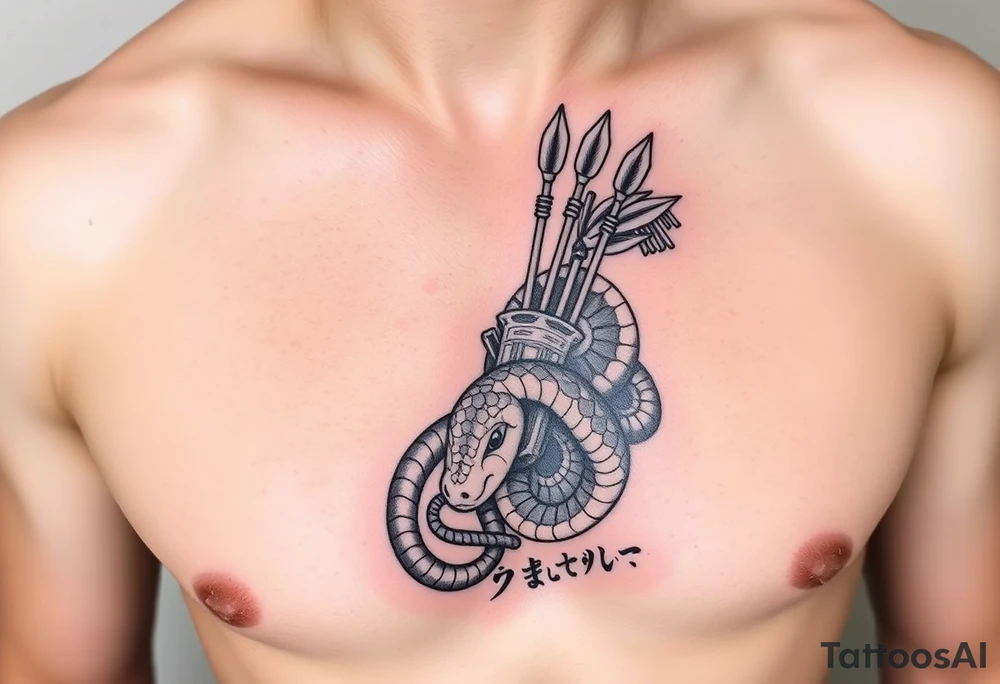 snake carrying a bunch of arrows in a quiver on its back and japanese text tattoo idea