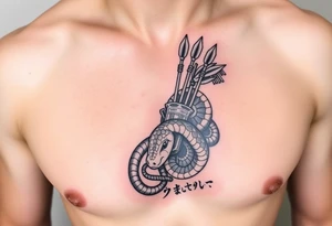 snake carrying a bunch of arrows in a quiver on its back and japanese text tattoo idea