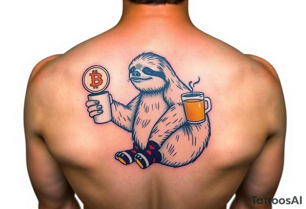 Sloth holding a bitcoin in one hand and coffee in the other hand with socks and slides on tattoo idea