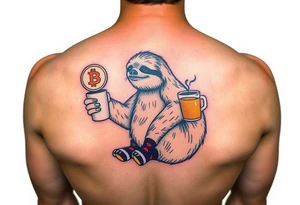 Sloth holding a bitcoin in one hand and coffee in the other hand with socks and slides on tattoo idea