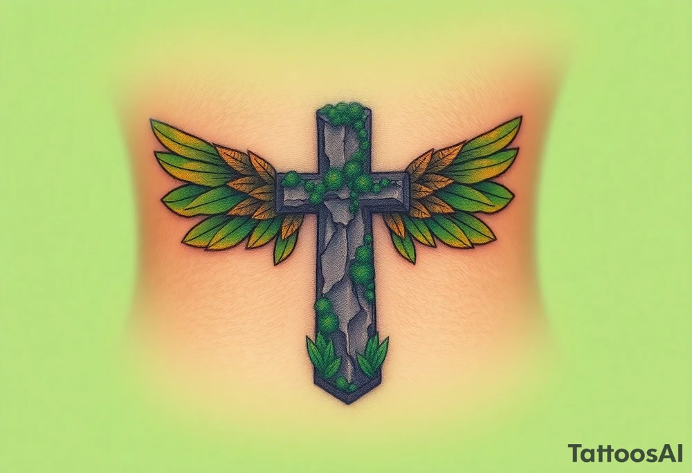 A moss-covered stone cross, with soft green and gold wings resembling leaves in autumn tattoo idea