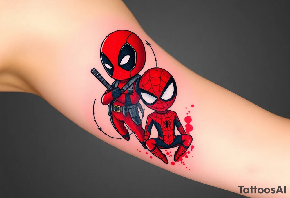 Project: Upper Arm Half-Sleeve Tattoo (Chibi Marvel Duo)
Placement: Upper Arm (Shoulder cap down to just above the elbow)
Reference Images: Chibi Deadpool (Image 1) and Chibi Spider-Man (Image 2)
Design Request & Layout:
* Please stack the characters dynamically to fit my upper arm. I'd like Deadpool positioned near the top/shoulder cap, and Spider-Man sitting near the bottom/above the elbow.
* Use the dangling spider and its web thread, along with loose, energetic construction lines, to transition between the two characters and wrap the design around the arm.
Art & Color Style:
* Linework: Please harmonize both characters into a singular, unified style—blending Deadpool's clean comic ink lines with Spider-Man's raw, cross-hatched sketchbook aesthetic.
* Color: The base of the tattoo should be gritty black-and-grey sketch shading. However, I want vibrant pops of red on their suits.
* The Splatter Effect: Instead of keeping the red cleanly inside the lines, please style the red color as a loose, dynamic watercolor/ink splatter effect that bursts out past their outlines and fades into the negative skin space. tattoo idea