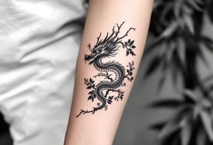 detailed dragon japanese style sakura trees abstract lines dark/rough aesthetic tattoo idea