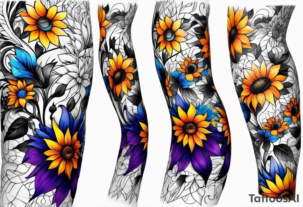 Full arm sleeve with purple, orange and blue sunflowers tattoo idea