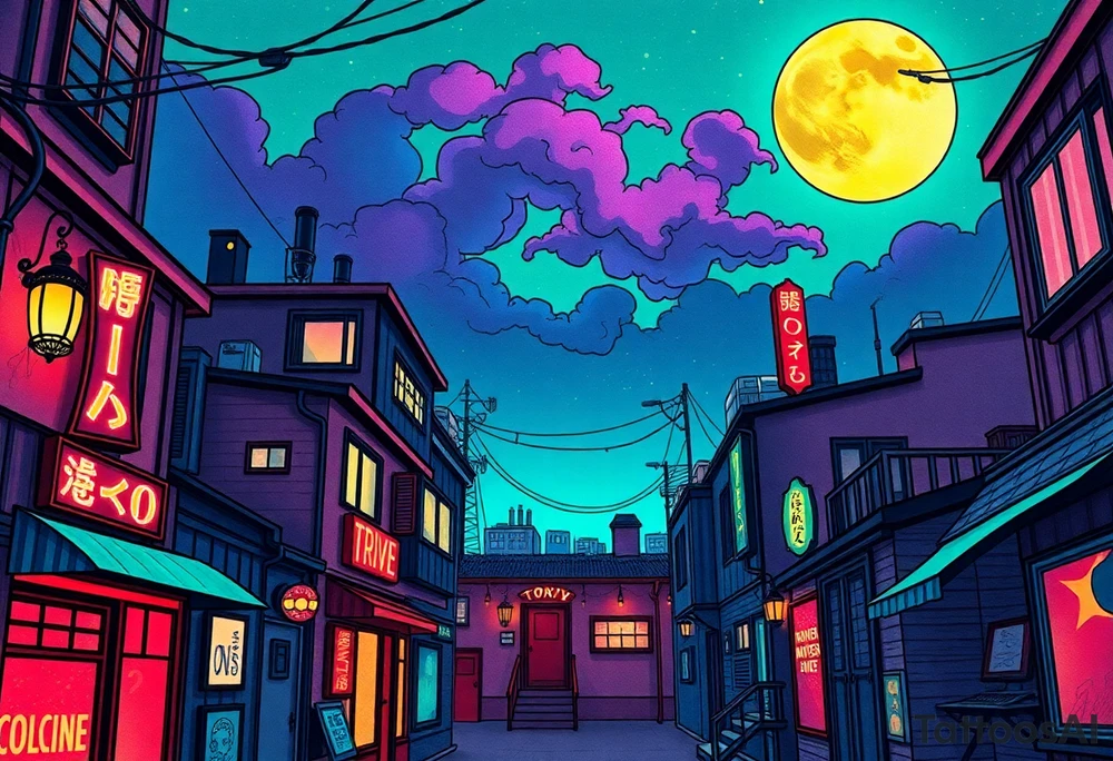 Tim Burton’s haunted pastel Tokyo apartment from the street view is littered in neon signs and dripping with muted reds, dusty pinks, and eerie green glow.purple and cyan smokey clouds swirl in the crescent moonlit sky thats sprinkled with stars tattoo idea tattoo idea