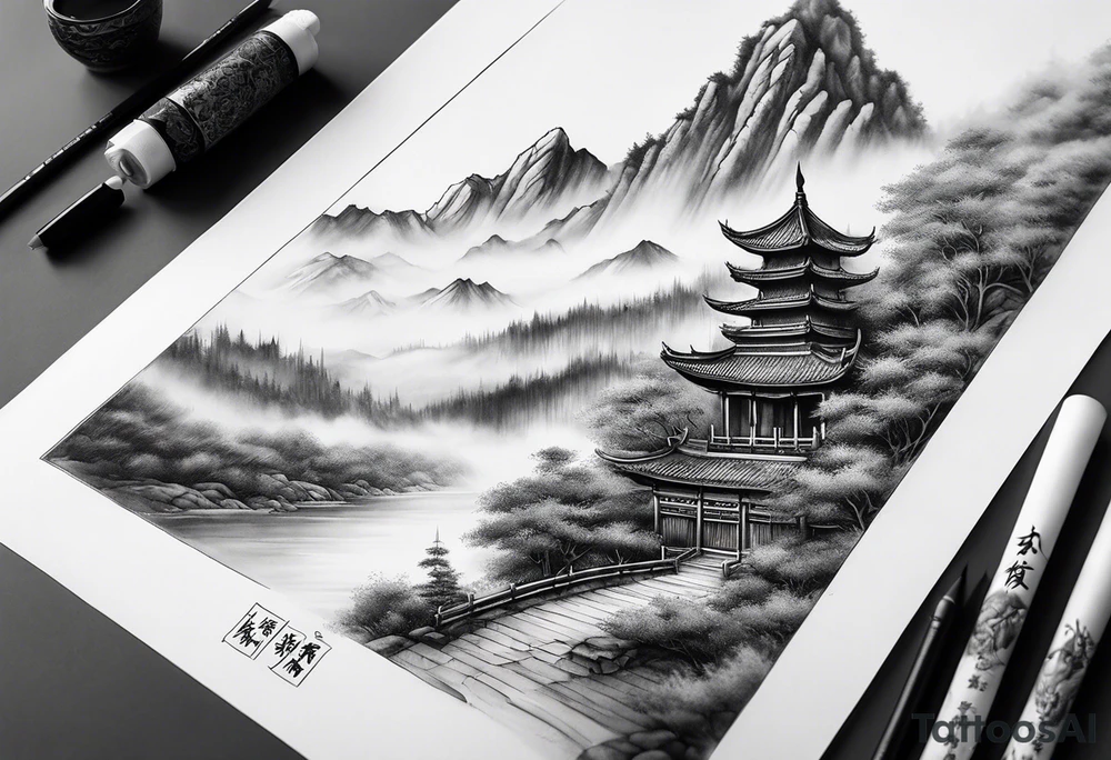 forearm sleeve traditional chinese art painting style autumn mountains mist fog water Chinese temple female with pony tail wearing robes seated meditating in the background tattoo idea