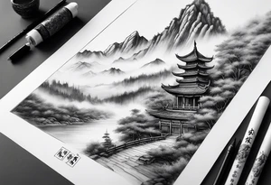 forearm sleeve traditional chinese art painting style autumn mountains mist fog water Chinese temple female with pony tail wearing robes seated meditating in the background tattoo idea
