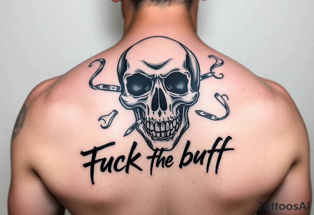 Graffiti type skull with markers and nibs around it with smoke that says fuck the buff tattoo idea