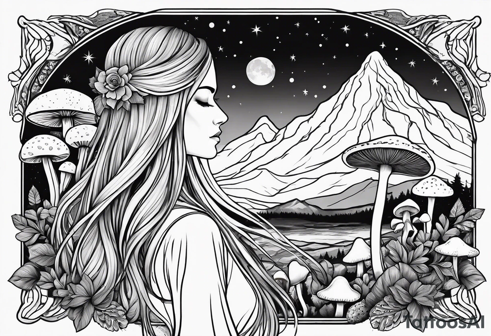 Blonde long straight hair older woman no face surrounded by mushrooms facing mountains crescent moon background tattoo idea
