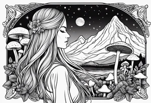 Blonde long straight hair older woman no face surrounded by mushrooms facing mountains crescent moon background tattoo idea