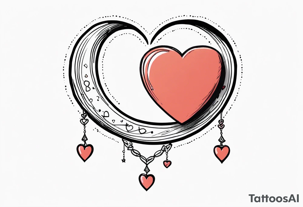 Crescent moon with a love heart inside it and 4 hearts dangling from it tattoo idea