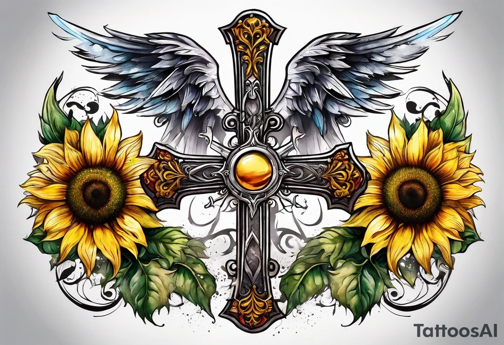 Winged cross with sunflower tattoo idea