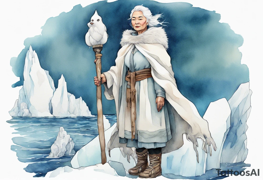 a middle aged Inuit woman with white hair, wearing mittens, wearing a white cloak, holding a white staff, wearing mukluks, standing on an iceberg in the sea tattoo idea