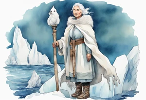 a middle aged Inuit woman with white hair, wearing mittens, wearing a white cloak, holding a white staff, wearing mukluks, standing on an iceberg in the sea tattoo idea