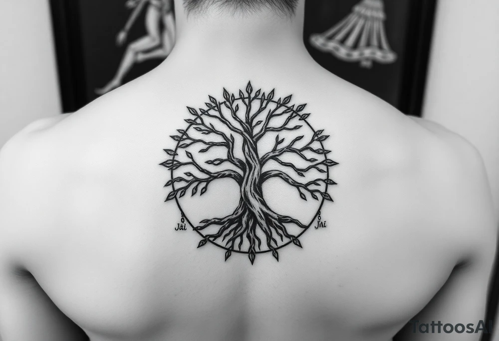 yggadrisl tree of life with circle. names Jai , Phoebe, Imogen, Matilda in the circle tattoo idea