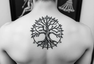 yggadrisl tree of life with circle. names Jai , Phoebe, Imogen, Matilda in the circle tattoo idea