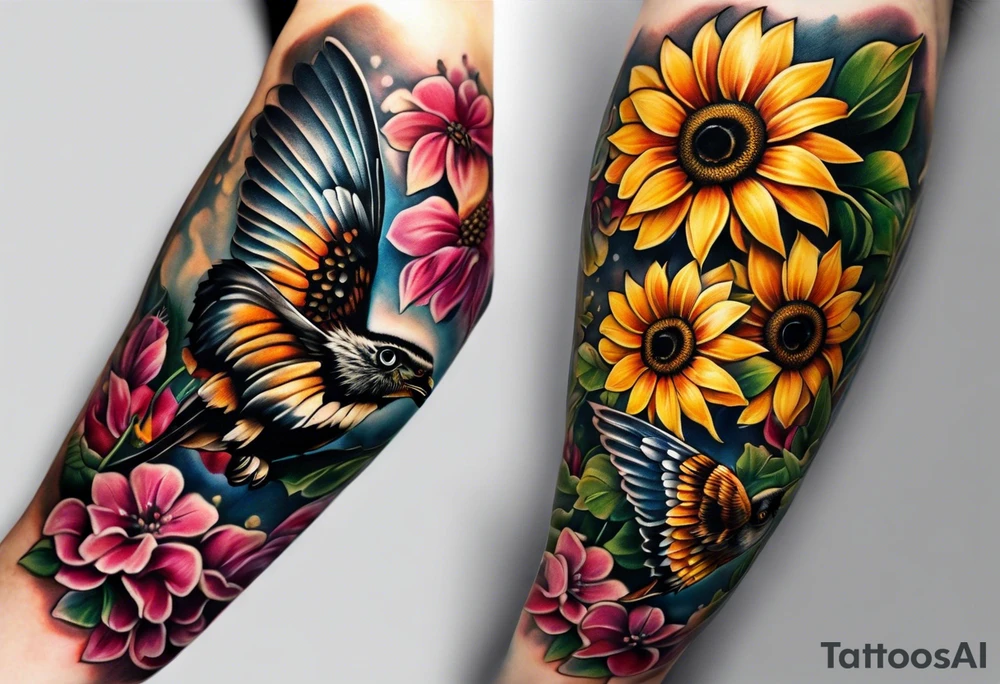 A lower forearm sleeve full colour coming down from a bicep with flowers joined with honeycombs, Mandela flowers, sunflowers, humming bird, and owl.  Sweet pea and honey suckle flowers. tattoo idea