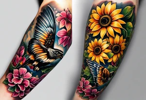 A lower forearm sleeve full colour coming down from a bicep with flowers joined with honeycombs, Mandela flowers, sunflowers, humming bird, and owl.  Sweet pea and honey suckle flowers. tattoo idea