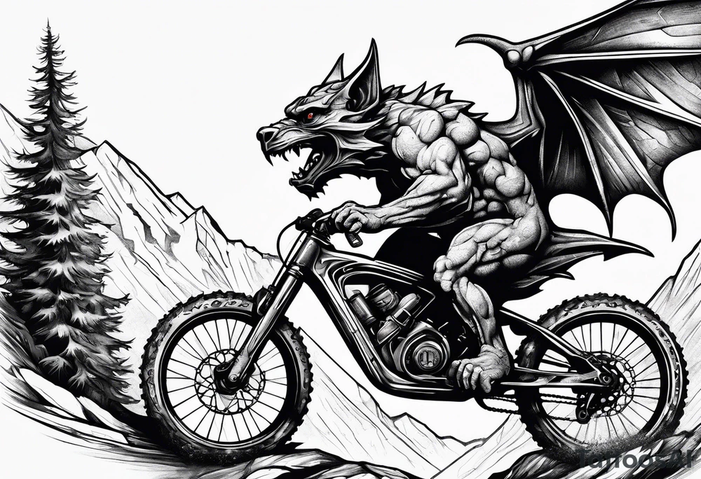 gargoyle riding a full suspension mountain bike tattoo idea