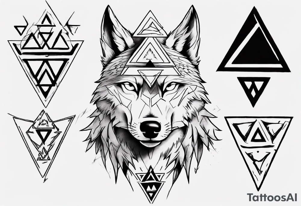 wolf head with triforce on forehead and a triangle in the background tattoo idea