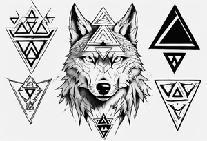 wolf head with triforce on forehead and a triangle in the background tattoo idea