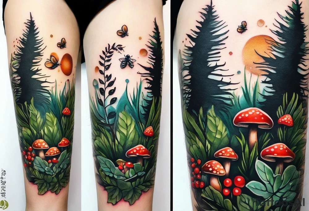 minimalistic forest floor inspired tattoo, which includes grass, moss, curly ferns and dead leaves as the bulk of the tattoo. details to include: forest berries, couple of very small brown mushrooms, a tiny bumblebee flying nearby tattoo idea
