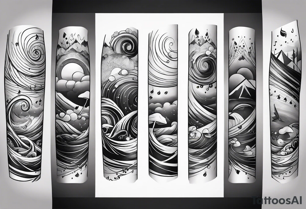simple icons down the back of the arm featuring four icons:

1. a music note on a staff
2. a wave of water
3. a pocket
4. mushroom tattoo idea