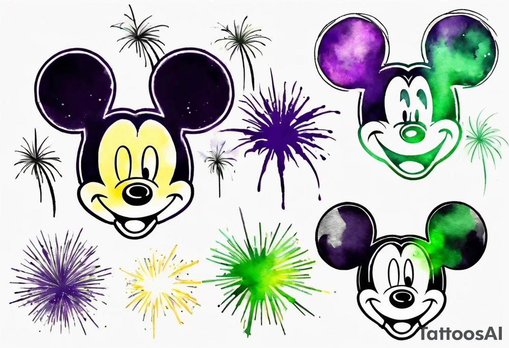 Simple Mickey head and ears in black with watercolor fireworks behind in green purple and yellow. tattoo idea