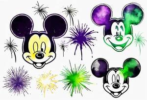 Simple Mickey head and ears in black with watercolor fireworks behind in green purple and yellow. tattoo idea