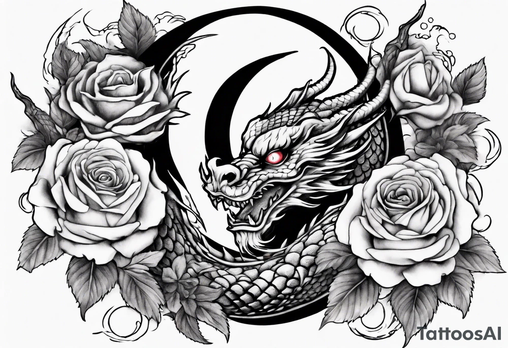 full Japanese dragon with moon and roses tattoo idea