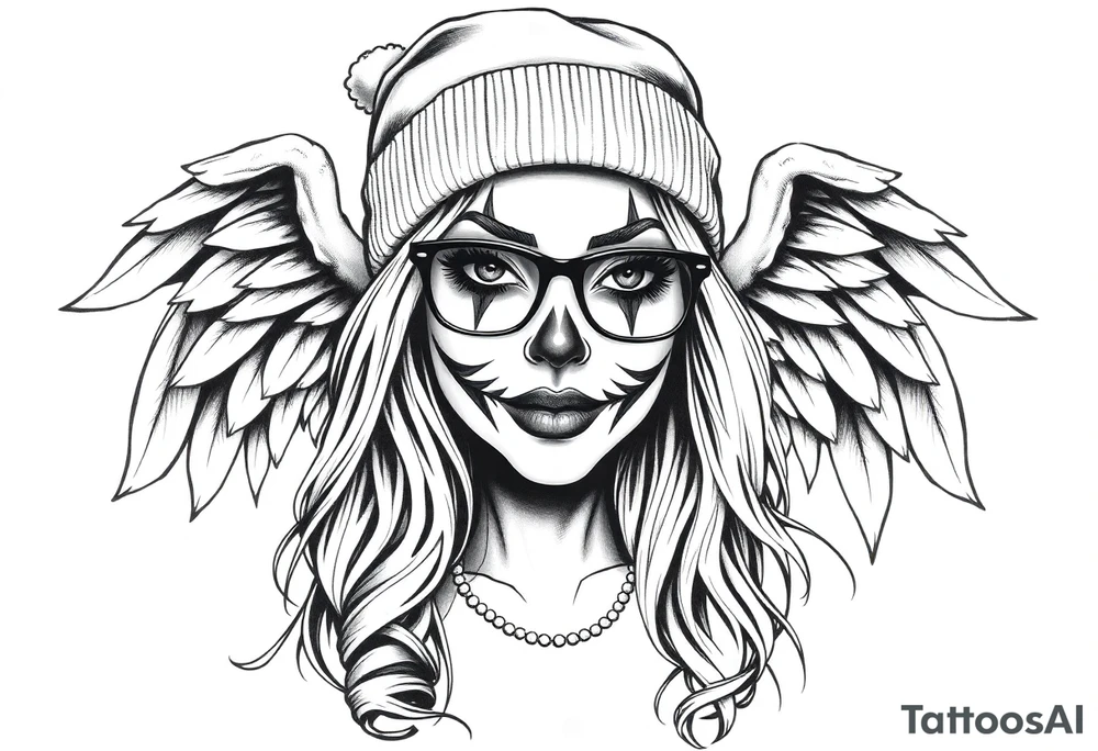 Chicana beautiful long hair clown makeup angel wings thug beanie eyeglasses tattoo idea
