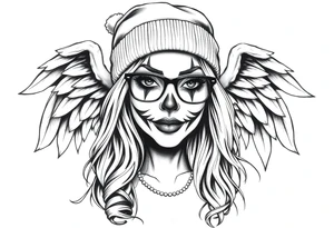 Chicana beautiful long hair clown makeup angel wings thug beanie eyeglasses tattoo idea