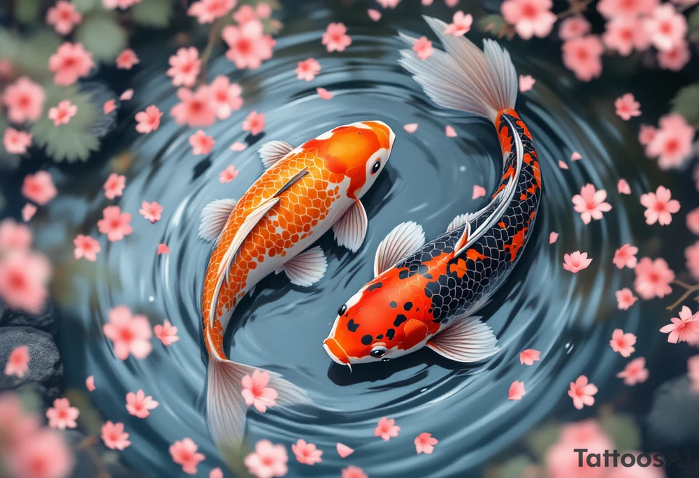 Koi Duo in Cherry Blossom Stream – A pair of koi, one orange, one black, flowing together through a river filled with scattered cherry petals. tattoo idea