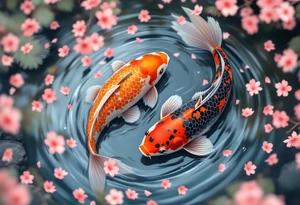 Koi Duo in Cherry Blossom Stream – A pair of koi, one orange, one black, flowing together through a river filled with scattered cherry petals. tattoo idea