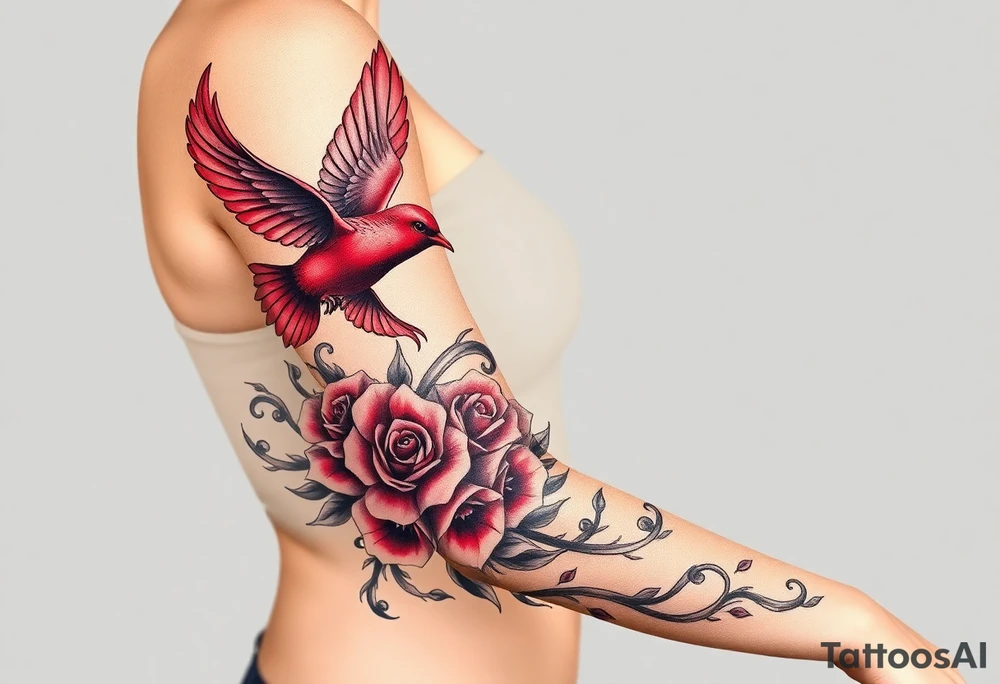 Motorcycle, red bird flying, roses and lace, flames tattoo idea