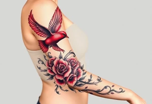 Motorcycle, red bird flying, roses and lace, flames tattoo idea