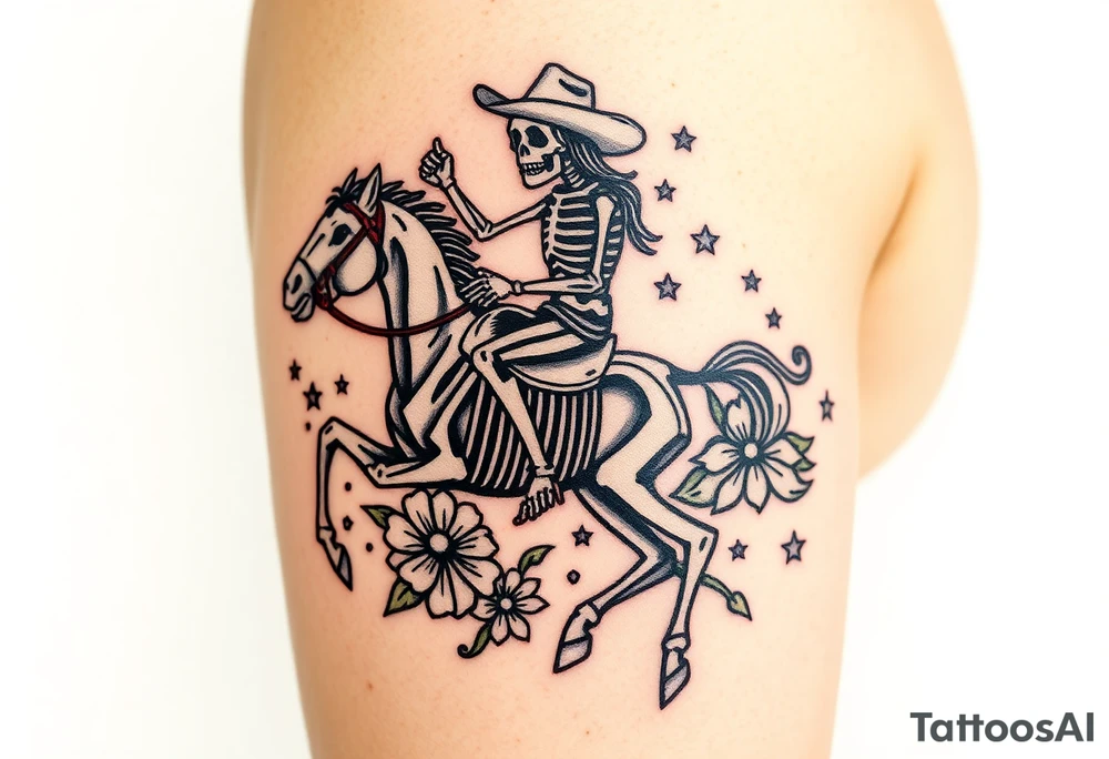 cowboy skeleton riding a skeleton horse, Fill with stars, dots, and flowers tattoo idea