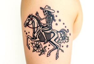 cowboy skeleton riding a skeleton horse, Fill with stars, dots, and flowers tattoo idea