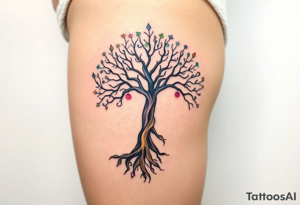 mystical tree of life with cosmic roots and celestial branches tattoo idea