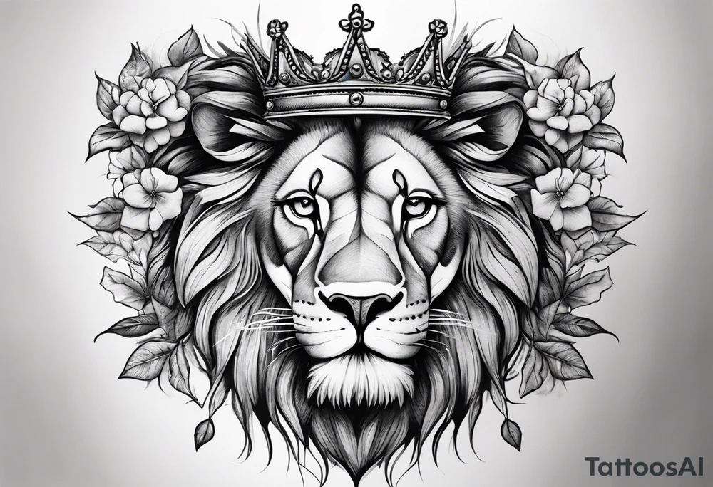 I want a detailed lion with a cross scar over his eye and a crown made of thorns on his head with maybe a little bit of floral work in the crown tattoo idea